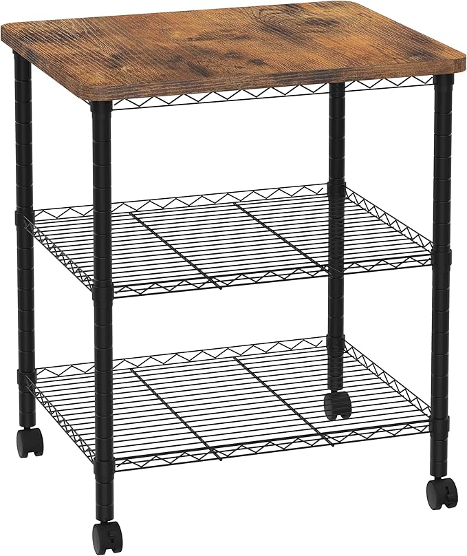 Printer Stand with Locking Wheels, Adjustable Heights 3 Tier Under Desk Table, Rolling Printer Cart Storage Paper Files Holder for Desk, Office, Home, Rustic Brown