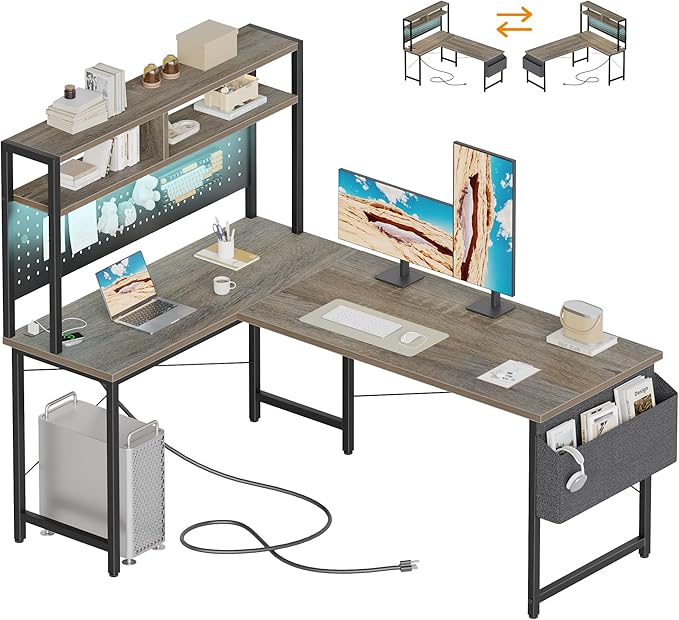 Mericonia 50 inch Large L Shaped Desk with Pegboard Hutch & Shelves, Corner Gaming Desk with Power Outlet, LED Light & Storage Bag, Reversible Computer Desk for Home, Bedroom, Office Workspace, Grey