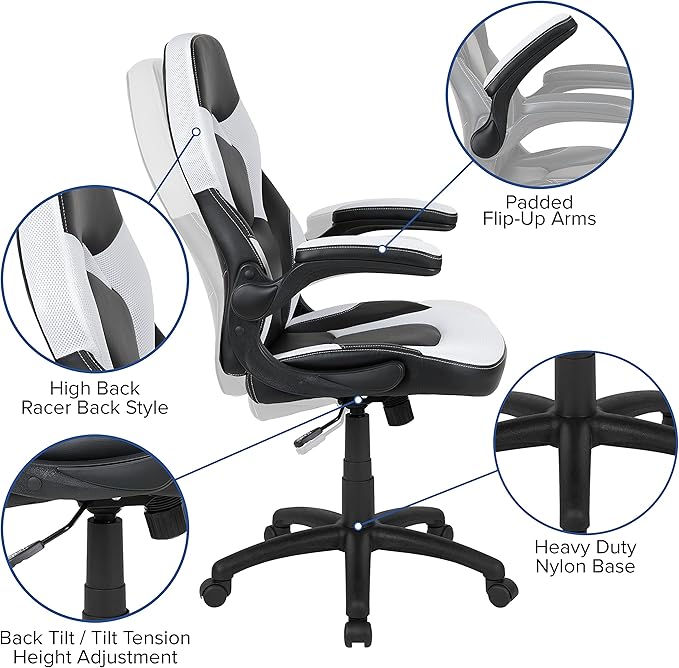 Flash Furniture Optis Black Gaming Desk and White/Black Racing Chair Set with Cup Holder, Headphone Hook & 2 Wire Management Holes