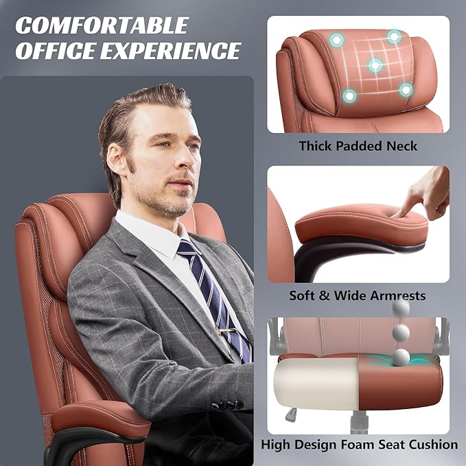 HeroSet Office Chair, Ergonomic Big and Tall Computer Desk Chairs, Executive Breathable Leather Chair with Adjustable High Back Flip-up Armrests, Lumbar Support Swivel PC Chair with Rocking Function