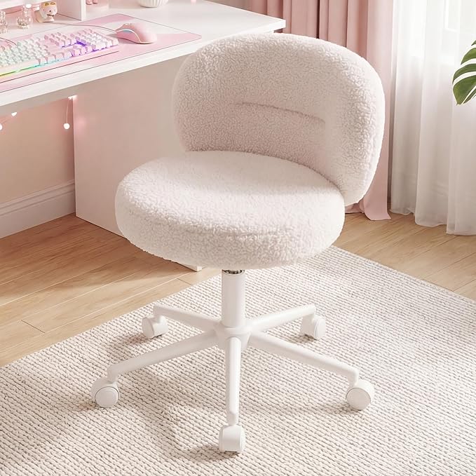 Homkdom Small Round Vanity Chair with Wheels, Armless Home Office Desk Chairs with Back, Height Adjustable & 360° Swivel, Cute Comfy Vanity Computer Chair for Bedroom, Home Office, White