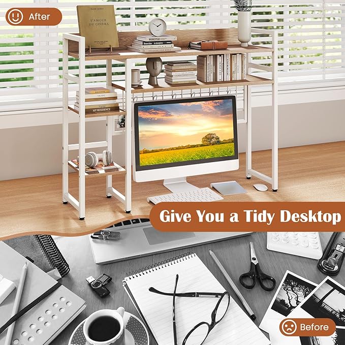 Giantex Desktop Bookshelf, 37" Desk Shelf for Up to 32" Computer Monitor, 4 Tier Desktop Display Shelves w/Grid Panel, 6 Movable Hooks, Anti-tip Device, Desk Hutch for Home Office Dorm (Natural)