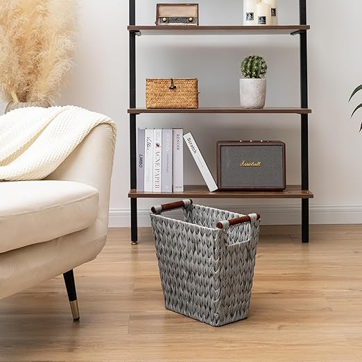 GRANNY SAYS Woven Wicker Desk Wastebasket with Wood Handles – Gray (2-Pack)