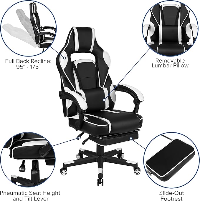 Flash Furniture Black Gaming Desk with Cup Holder/Headphone Hook/2 Wire Management Holes & White Reclining Back/Arms Gaming Chair with Footrest