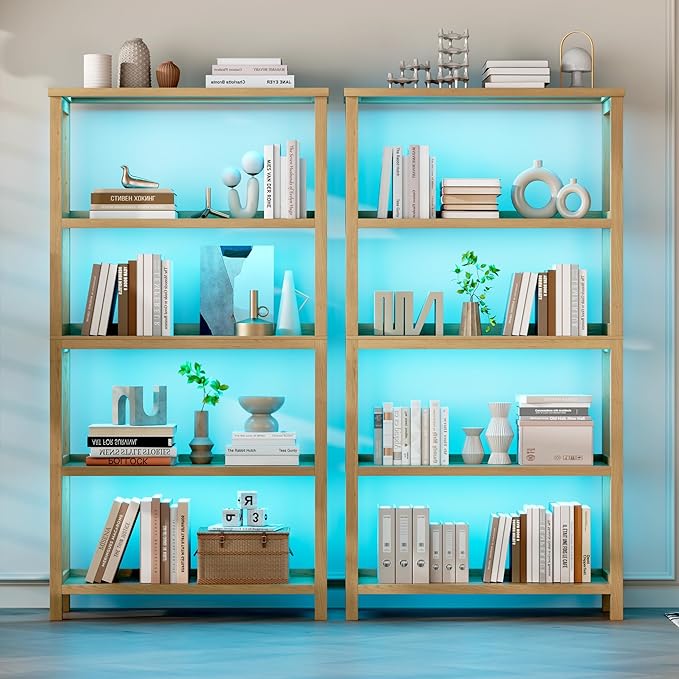 Vlsrka Wooden Bookshelf with Lights, 5 Tier Bookshelf with Storage, Tall Bookcase with Open Shelves, Standing Bookshelves Display Rack for Living Room, Home Office, Brown