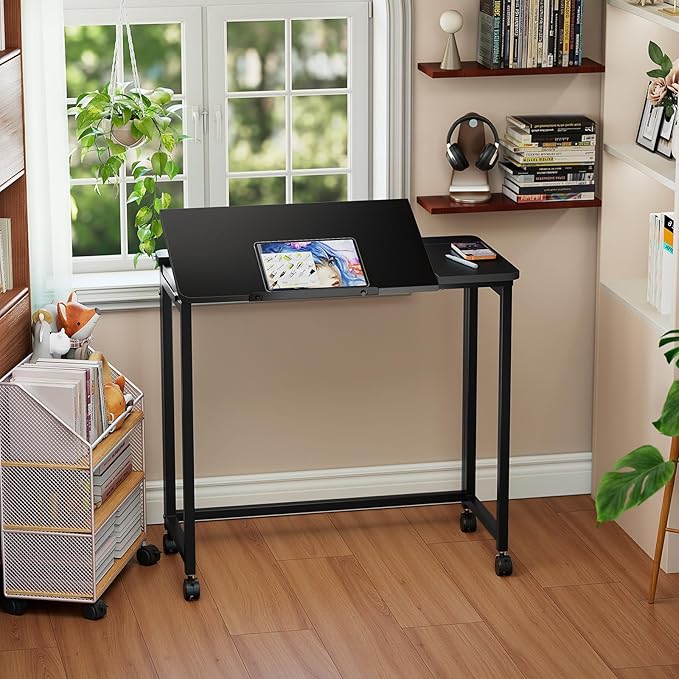 GreenForest Folding Desk with Wheels, 31.5 Inch Adjustable Tilt Drafting Table, Portable Rolling Foldable Desk for Small Space, Home Office, Drawing & Craft Workstation, Black