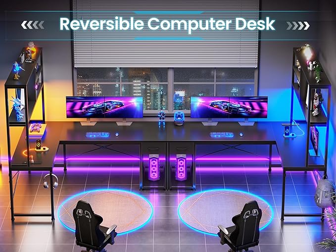 SEDETA L Shaped Gaming Desk, 51.2" Reversible Small Corner Desk with Drawer, Power Outlet & LED Lights, Computer Desk with Storage Shelves for Small Space, Black