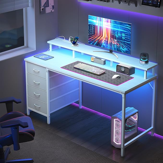 DUMOS 47 Inch Computer Desk with 4 Drawers,4 Drawer Gaming Desk with Power Outlets and LED Lights,Office Desk for Small Spaces with Monitor Shelf,Writing Desk for Home Office,Bedroom, Study,White