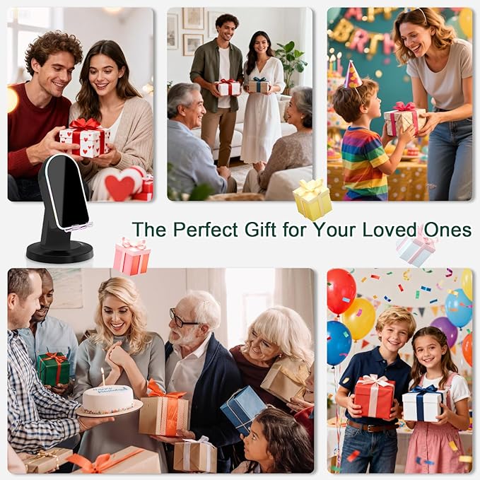Wireless Induction Speaker with 360° Rotatable Base, Phone Stand with Bluetooth Speaker and RGB Light, Cell Phone Speaker Amplifier for Desk, Kitchen, Unique Tech Gifts for Men and Women (Black)