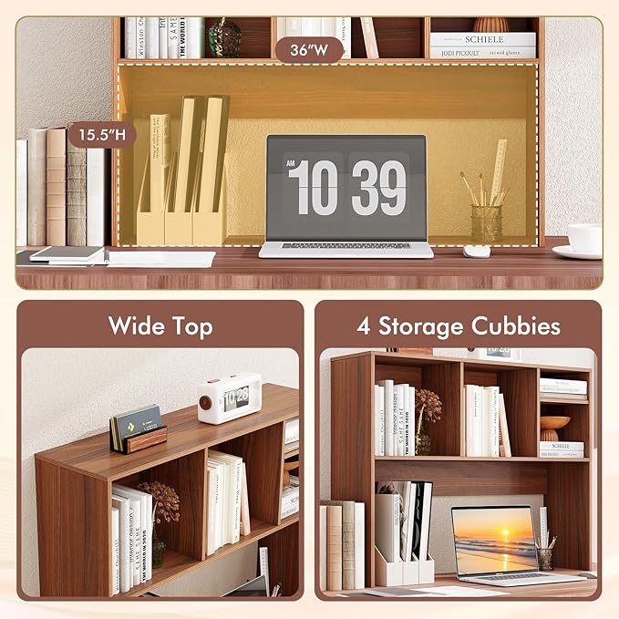 ReunionG Desk Hutch 2-Tier, Wood Hutch Top Only w/4 Shelves for Computer Monitor, Laptop, Dressing Table, Desk Organizer Display Rack Desktop Bookshelf for Home, Office, Dorm (Walnut)