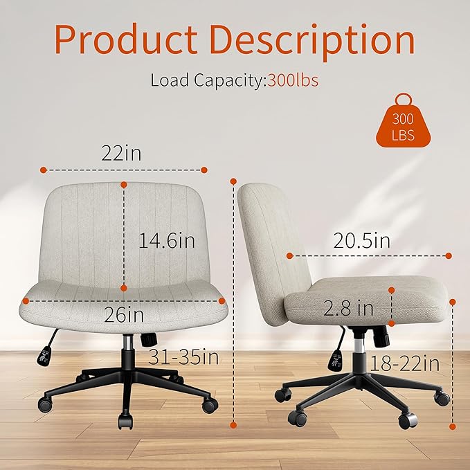 Meilocar Criss Cross Chair with Wheels, 26" Wide Cross Legged Office Chair with Adjustable Height, Armless Fabric Swivel Vanity Chair for Home Office, Bedroom, Makeup & Long Hours Sitting (Beige)
