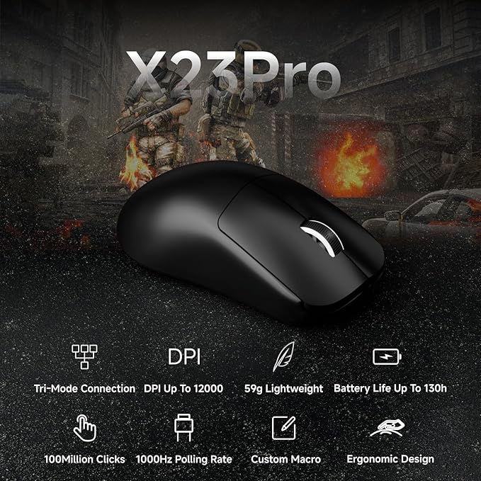 SEUNKWANG EWEAND X23 Pro Gaming Mouse, Tri-Mode 2.4G/USB-C/Bluetooth Wireless Mouse, PAW3311 Sensor, 12,000 DPI, 59g Lightweight, 1ms Ultra-Low Delay, Gaming & Computer Mouse for Laptop/PC/Mac-Black
