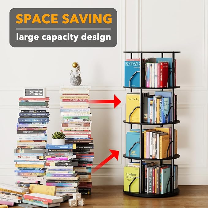 SpaceAid 4 Tier Rotating Bookshelf Tower, 360 Display Stackable Spinning Bookcase, Space Saving Revolving Round Book Shelf, Floor Standing Swivel Corner Organizer, Black