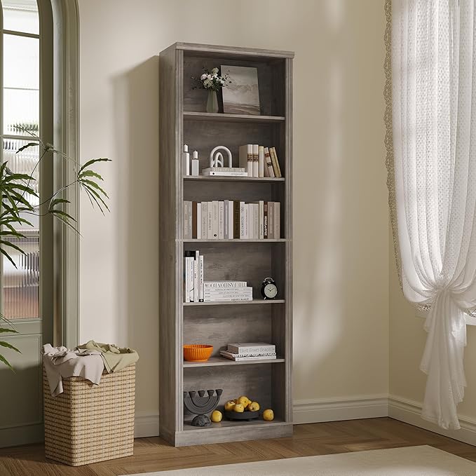 Wodeer Tall Bookshelf, 6-Tier Bookcase with 2 Adjustable Shelves, Modern Farmhouse Storage for Living Room, Entryway, Office, 23.6" W x 74.8" H x 10.6" D, Grey