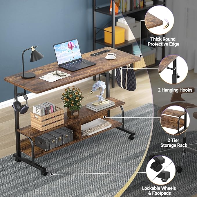 Armocity Rolling Standing Desk with Power Outlets, 47" Manual Height Adjustable Mobile Computer Desk with Wheels, Portable Sit Stand Laptop Couch Table for Bed & Sofa Home Office, Rustic Brown