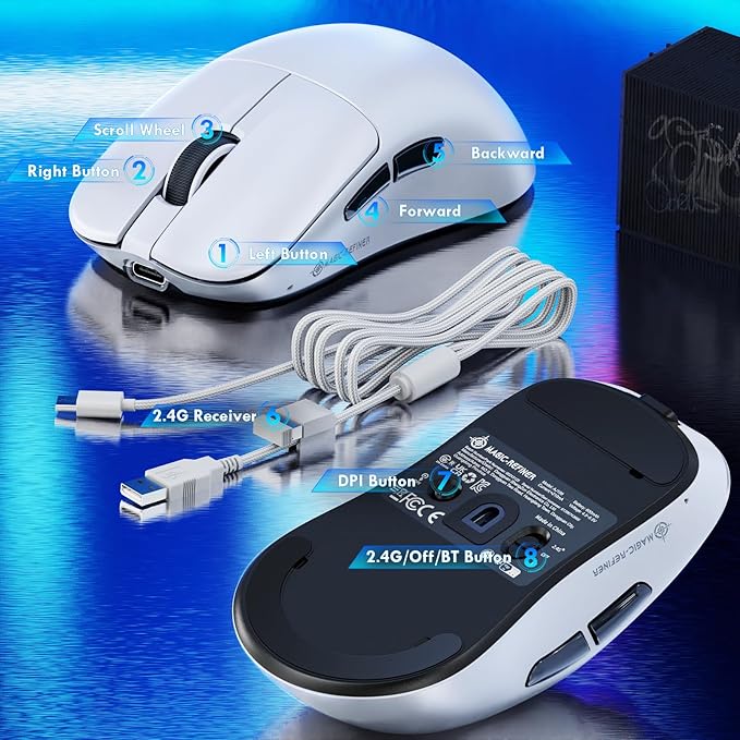 ZIYOU LANG×Magic-Refiner AJ199 Lightweight Wireless Gaming Mouse,Tri-Mode(2.4G/Wired/BT),24K DPI,PAW3311 Optical Sensor,1000Hz Polling Rate,600mAh,49g Ergonomic Mice for Mid-Large Hands-White