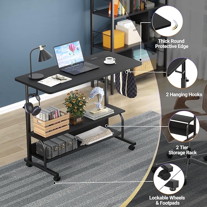 Armocity Rolling Standing Desk with Power Outlets, 32" Manual Height Adjustable Mobile Computer Desk with Wheels, Small Portable Sit Stand Laptop Couch Table for Bed & Sofa Home Office, Black