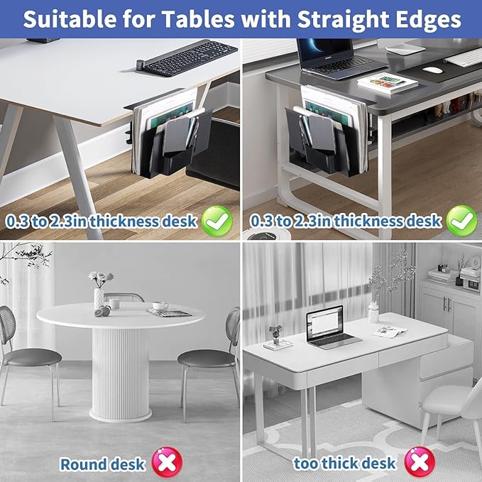 2 Tier Desk Side Storage, Desk Laptop Holder with Magnetic Pen Holder, No Drill Hanging Table Organizer for Office and Home Fits Flat Edge 0.3" to 2.3"