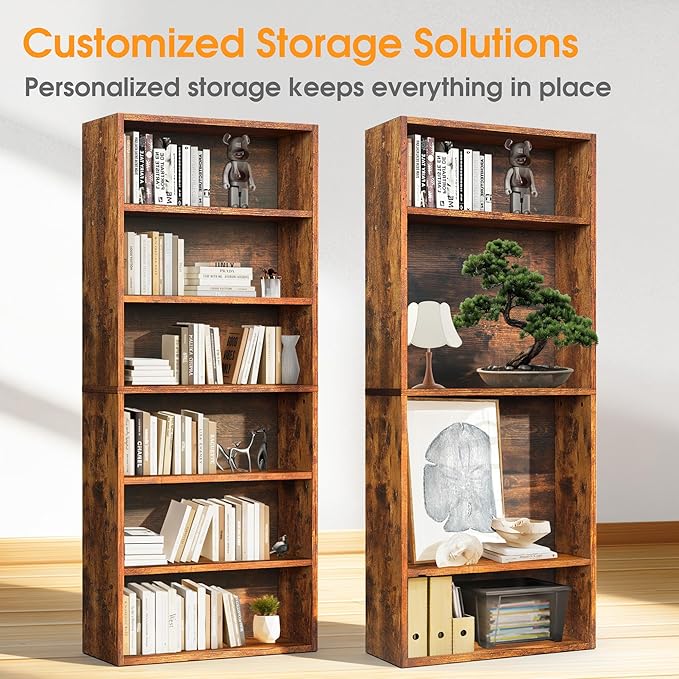 Sweetcrispy Industrial 6 Shelf Bookcase - Large 63 Inch Tall Floor Standing Open Bookshelf with Anti-Tipping Device for Home Office, Living Room, and Bedroom Storage, Rustic Brown