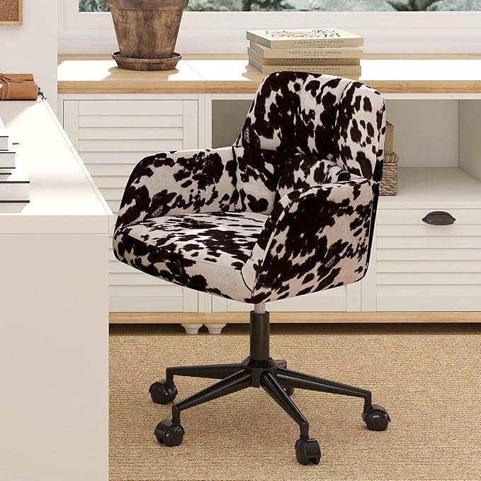 Modern Swivel Home Office Desk Chair with Wheels, Cow Print Velvet Height Adjustable Comfortable Ergonomic Upholstered Vanity Make up Chair, Cute Cowhide Computer Armchair for Living Room Home