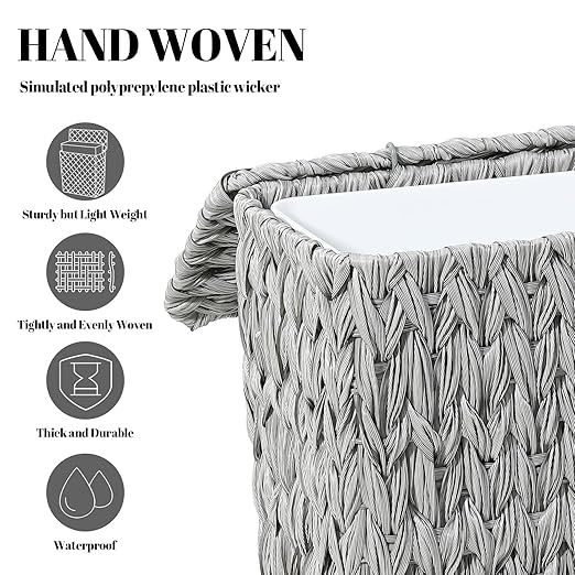 Coeusy 3 Gallon Wicker Trash Can,Grey Bathroom Trash Cans with Lid,Waterproof Slim Waste Basket for Bedroom,Home Office,Narrow Garbage Can with Removable Liner