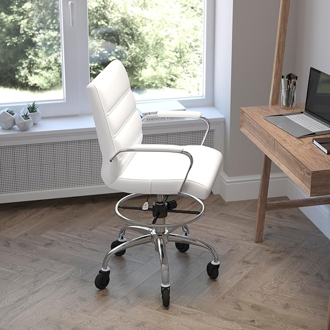 Flash Furniture Lexi Mid-Back Drafting Chair with Adjustable Foot Ring - White LeatherSoft Upholstery - Chrome Base - Roller Wheels
