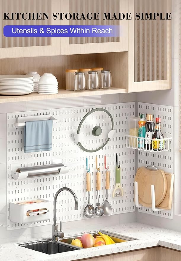 Pegboard Wall Organizer Set – 4 Peg Boards with Hooks & Shelves – Office, Kitchen, Gaming Room Desk Pegboard Storage – Peg Board Wall Display Rack (Black)