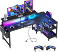 ODK 58 Inch Gaming Desk with USB Charging Ports and LED Lights, Reversible L Shaped Computer Desk with Storage Shelves & Monitor Stand, Corner Gamer Desk Table with Power Outlets, Black