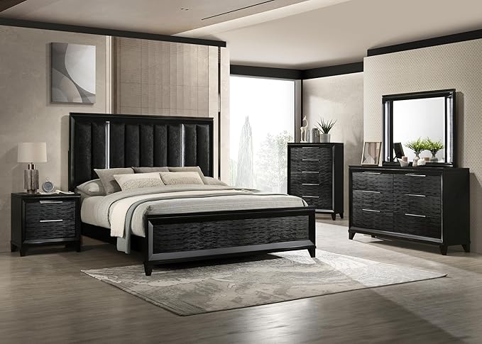 GOWE 1pc Modern Contemporary Transitional Black Textured Finish 6-Drawer Storage Dresser Wooden Solid Wood Bedroom Living Room Home Furniture Modern Style Black Color Six Storage Drawers
