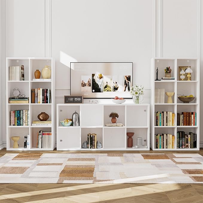 IROCNK Bookshelf, 8-Cube Storage Cube Shelf Organizer, Extra Thick Frame Horizontally & Vertically Reversible Bookcase with Open for Living Room, Bedroom, Home Office, White