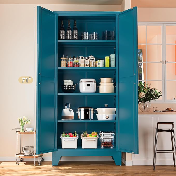 Washsemba 71'' Farmhouse Metal Storage Cabinet with Barn Doors,Steel File Cabinet for Home Office,Kitchen Pantry 4 Adjustable Shelves,Freestanding Cupboard for Kitchen,Home Office (Peacock Blue)