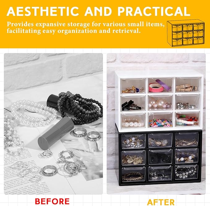 Wenqik 2 Pcs Mini Storage Drawers Teacher Toolbox Organizer with 9 Clear Drawers Small Plastic Desktop Teacher Desk Craft Organizer for Classroom Office 7" x 3. 9" x 4. 7" (Black, White)