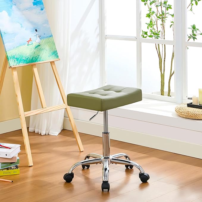FIRAVOE Saddle Salon Stool (Adjustable Height 17-21 inch) (Quiet Wheels and Sturdy Base) Nail Tattoo Vanity Massage Stool (Green)