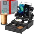 Black Wood Phone Docking Station for up to 3 Phones - Nightstand Organizer with Drawer for Valuables for Men & Women, Compatible With Apple Watch, Holds Phones, Tablets, Keys, Rings, Glasses, EDC
