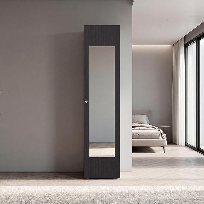 Wenge Storage Cabinet with Mirror Full-length mirror on the door enables quick outfit checks and adds functionality for daily grooming right beside stored clothing and accessories Smooth-opening doo
