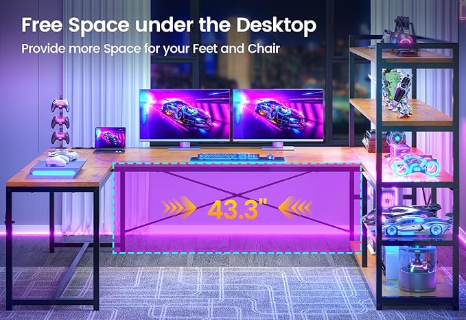 SEDETA L Shaped Desk with Storage Shelves, 63” Reversible U Shaped Office Desk, Gaming Desk with Power Outlet and LED Lights for Home Office, Rustic Brown