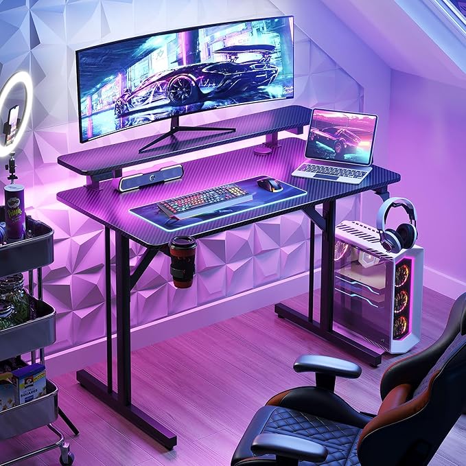 MOTPK 32 Inch Small Gaming Desk with LED Lights, Computer Desk Gaming Table with Monitor Shelf, Gamer Desk with Carbon Fiber Texture, Kids Boys Desk Gift for Men