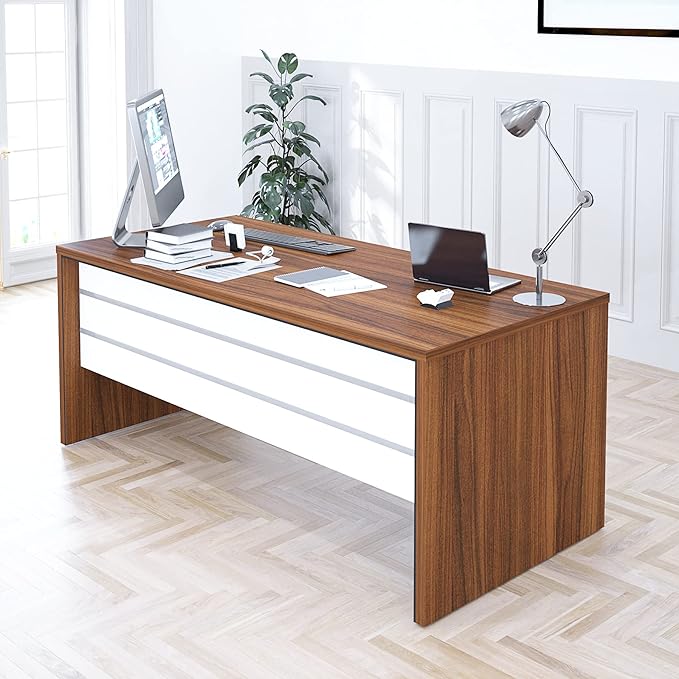 71" Wood Office Furniture Set of 4pcs | Modern Executive Desk | File Drawers w/Telescopic Rails | Large Storage Cabinet w/Chrome Handles | Coffee Table | Sturdy Home Workstation Suite