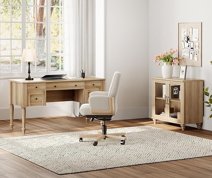 WAMPAT Home Office Furniture Set, 56'' Executive Desk with Charging Station, Farmhouse Cabinet with Glass Doors, Wood Computer Desk with File Cabinet, Open Shelf, Oak
