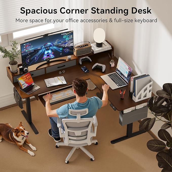 WALKINGDESK 63 Inches Height Adjustable L Shaped Standing Desk with 2 Drawers and Keyboard Tray, Electric Sit to Stand Home Office Comupter Table, Ergonomic Corner Gaming Desk, Black Walnut