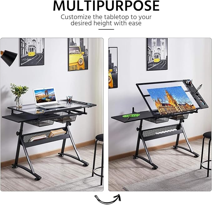 CuisinSmart Drafting Table w/Stool Height Adjustable Multifunctional Art Craft Diamond Paintings Work Station w/2 Storage Drawers Artists Desk Tilting Glass Tabletop for Home Office Black
