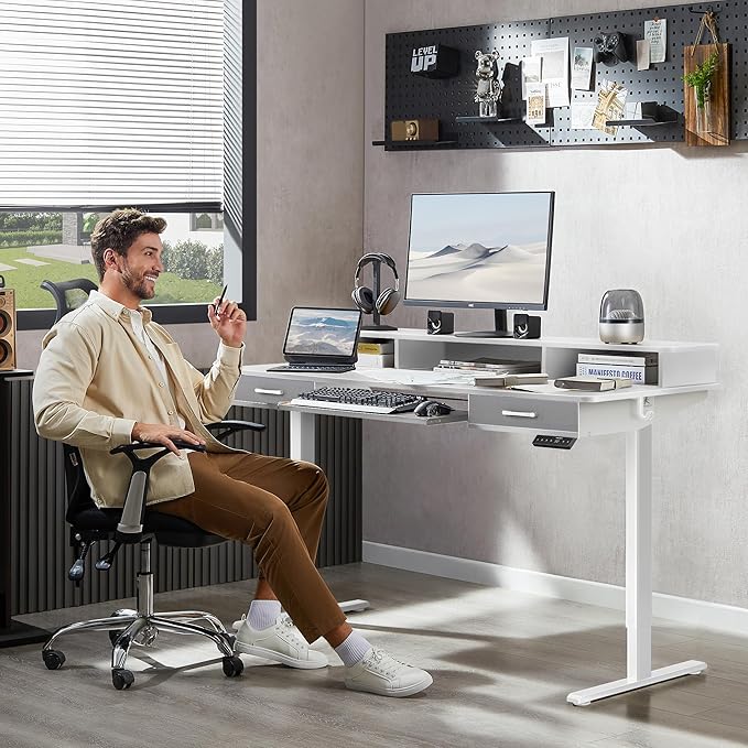 WALKINGDESK 63 Inches Electric Standing Desk with Keyboard Tray, Height Adjustable Sit to Stand Table with 2 Drawers, Ergonomic Home Office Desk with Storage Shelf, Computer Table, White