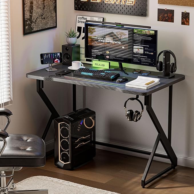 Grandder Gaming Desk Z Shaped 47 Inch Gamer Workstation, Home Computer Carbon Fiber Surface Gaming Desk PC Table with Headphone Hook, Carbon Fiber Black