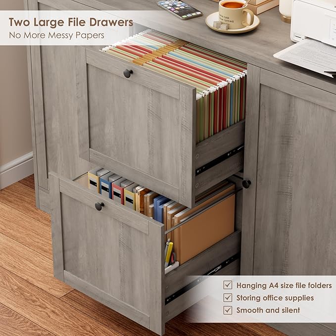 HIFIT 72'' Tall File Bookcase with Power Outlet & Printer Stand, 2 Drawer File Cabinets for Home Office Hanging Letter/A4 File, Storage Cabinet with 3 Tier Book Shelf & Doors For Living Room, Ash Grey