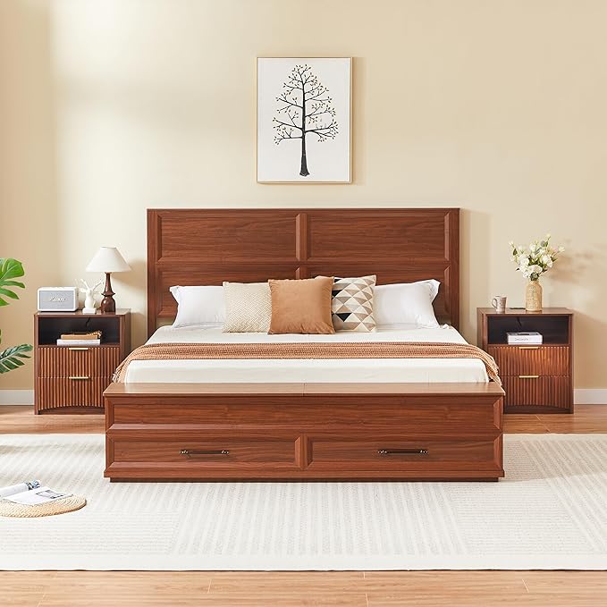 King Size Bed with 3D Geometric Headboard & Storage Bench - 4-Drawer Storage, Modern Bedroom Furniture, Walnut. The 3D geometric grid pattern on the headboard exudes modern charm, blending refinemen