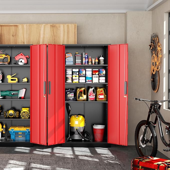 Greenvelly Metal Storage Cabinet, Steel Garage Cabinet with Doors and Adjustable Shelves, Metal Cabinet with Lock,Tall Metal Office Storage Cabinet for Garage,Home Office,School (Black Red)