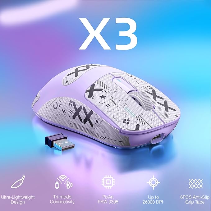 ATTACK SHARK X3 Lightweight Wireless Gaming Mouse with Tri-Mode 2.4G/USB-C Wired/Bluetooth,26K DPI, PAW3395 Optical Sensor,Kailh GM8.0 Switch,5 programmable Buttons for PC/Win/Mac(Purple+Stickers)