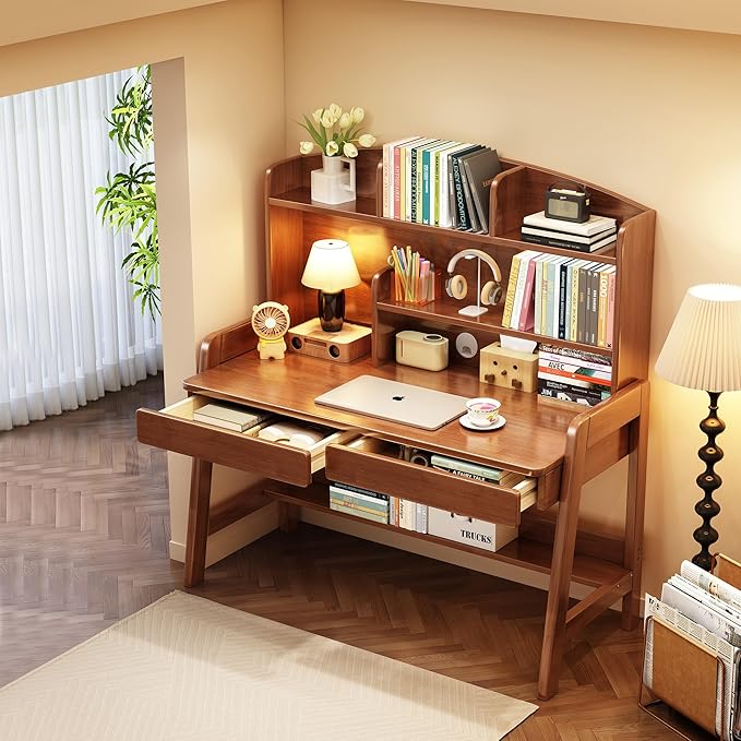 Kids Desk＆Table Wooden Children’s Study Desk with Bookshelf＆Two Drawers Children Study＆Writing＆Computer＆Workstation for 3 and Above(Brown