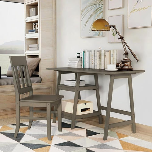 24/7 Shop at Home Myrrh Cottage 2-Piece Wood Storage Writing Desk with 2 Shelves and Chair Set for Workstation, Home Office, Study Room, Gray