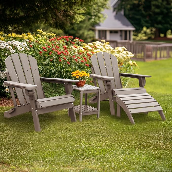 IVY&LANE Outdoor Adirondack Ottoman | Folding | Set of 2 | HDPE Wood Grain | Desert Brown | All Weather | Waterproof Patio Footrest for Adirondack Chair | Poly Lumber Foot Rest for Deck Backyard